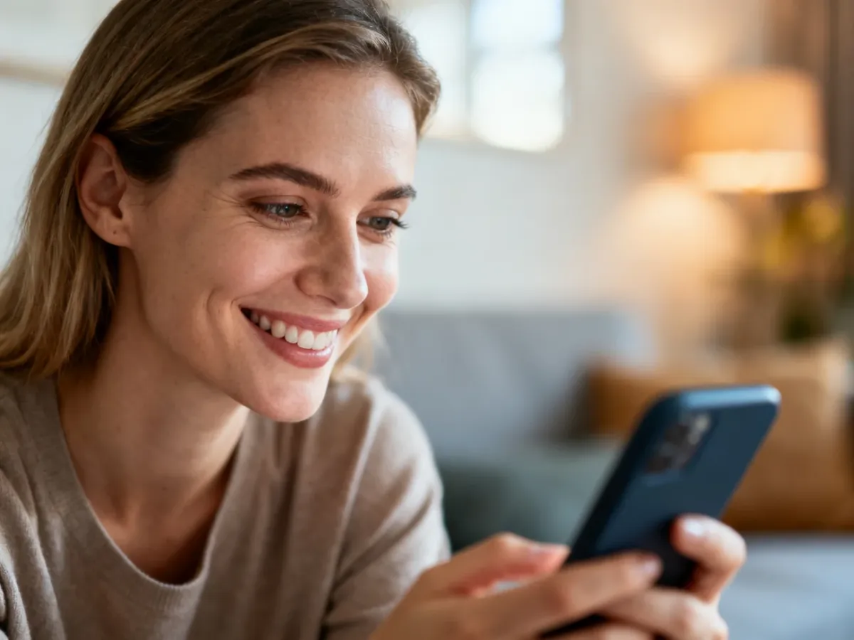 Uśmiechnięta kobieta trzymająca smartfon podczas rozmowy wideo w przytulnym salonie.