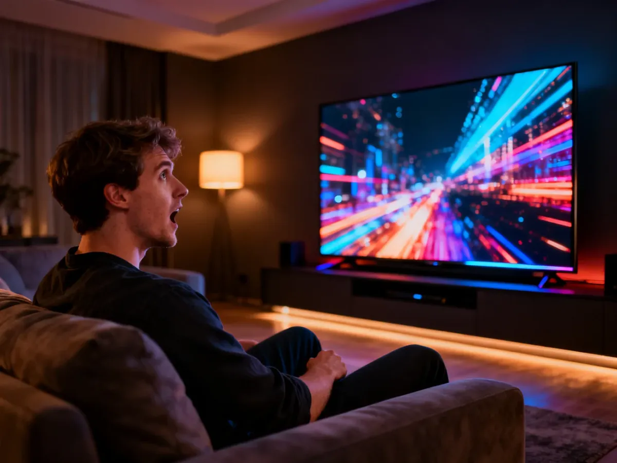 Nowoczesny salon z telewizorem OLED wyświetlającym obraz o wysokim kontraście i głębokiej czerni w technologii Dolby Vision.