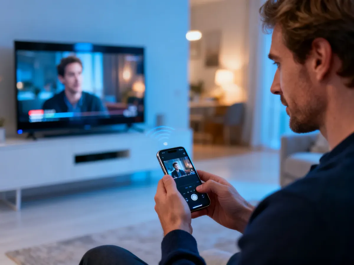 Mężczyzna przesyła bezprzewodowo obraz ze smartfona na nowoczesny telewizor, ilustrując działanie technologii AirPlay.