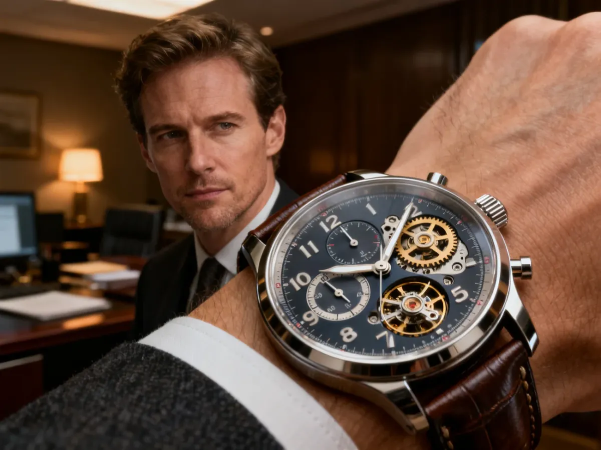 Zbliżenie na tarczę eleganckiego zegarka z chronografem na nadgarstku mężczyzny w biurowym otoczeniu.