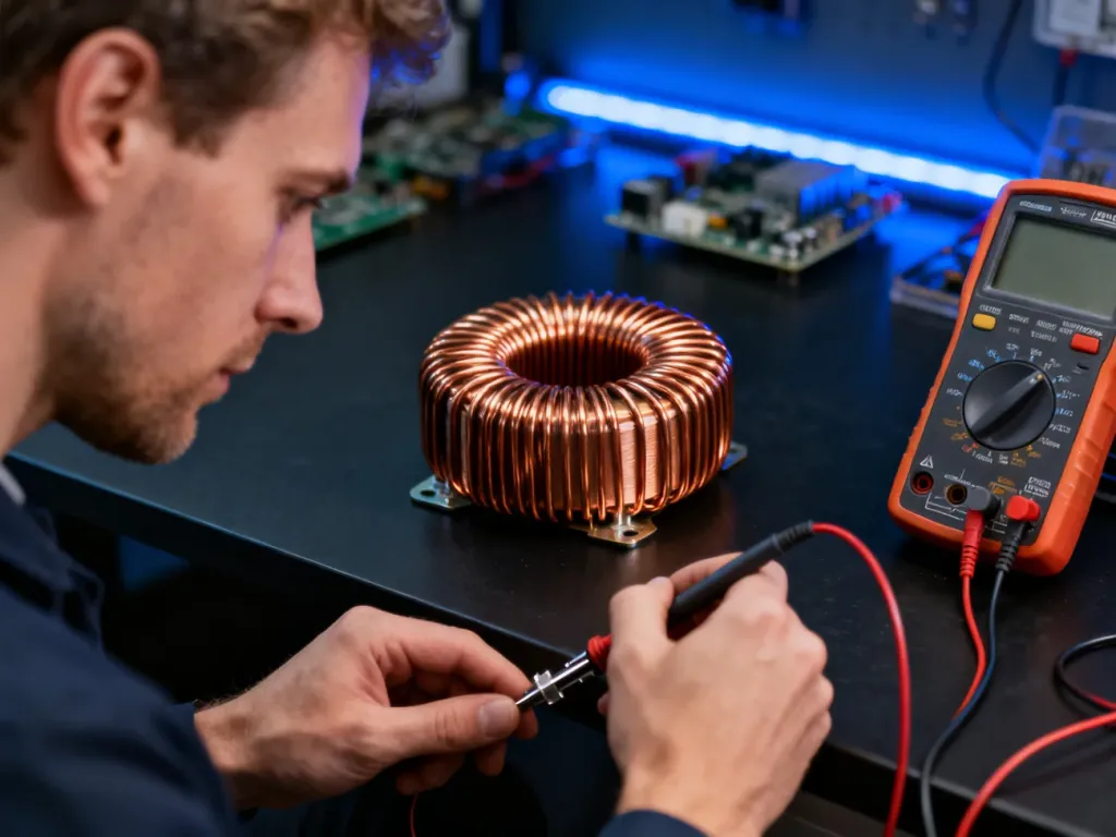 Specjalista mierzy multimetrem rezystancję miedzianej cewki na profesjonalnym stanowisku elektronicznym.