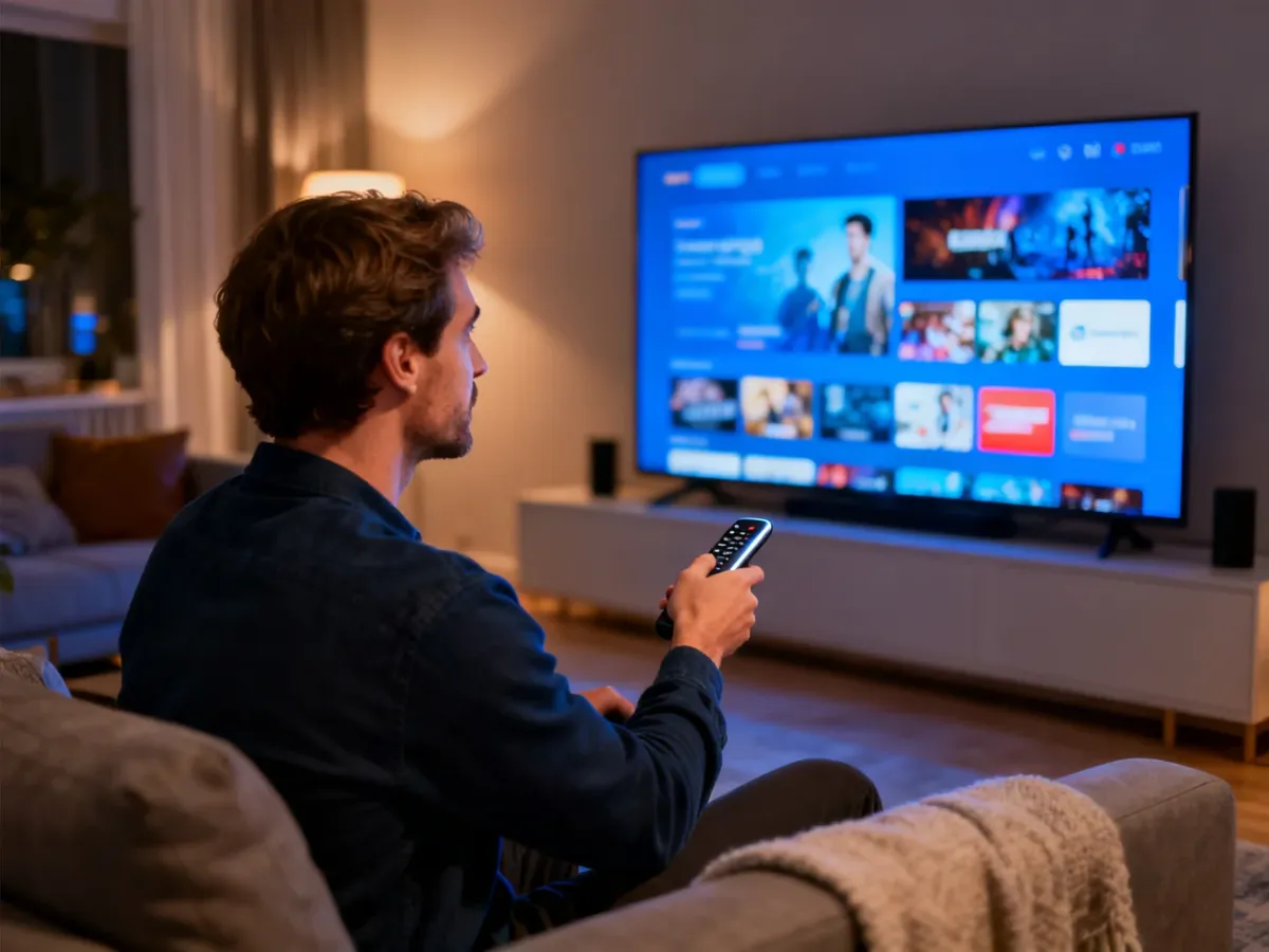 Mężczyzna siedzący na kanapie obsługuje nowoczesny telewizor z interfejsem usług streamingowych w przytulnym salonie.