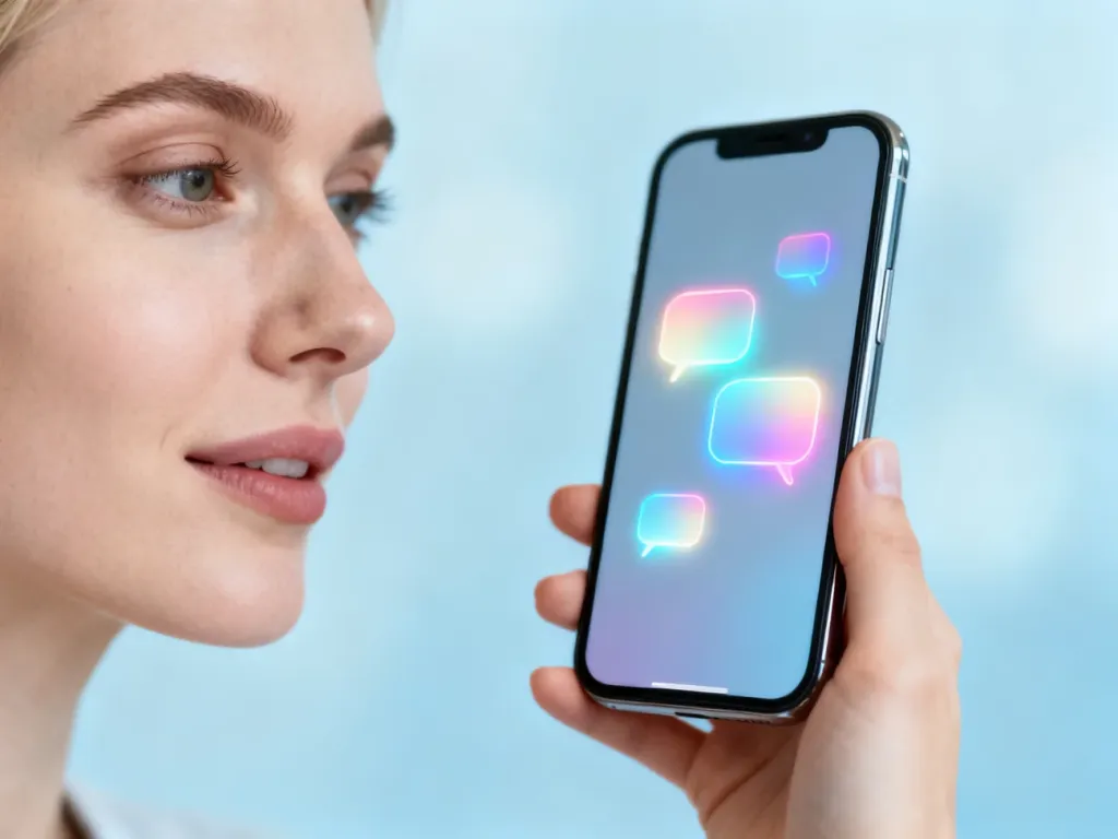 Dłoń trzymająca nowoczesny smartfon z wyświetlonymi kolorowymi dymkami czatu na rozmytym, niebieskim tle.