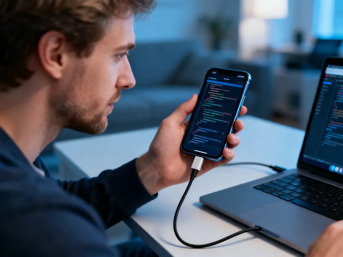 Mężczyzna podłączający smartfon do laptopa kablem USB w celu przeprowadzenia zaawansowanej konfiguracji technicznej.