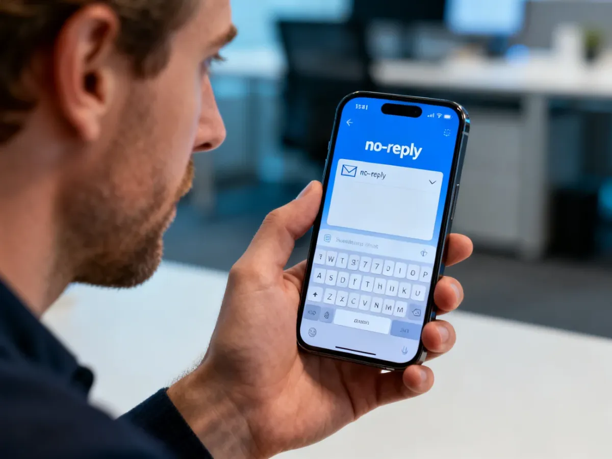 Mężczyzna trzymający smartfon z powiadomieniem e-mail typu „noreply” w nowoczesnym biurze.