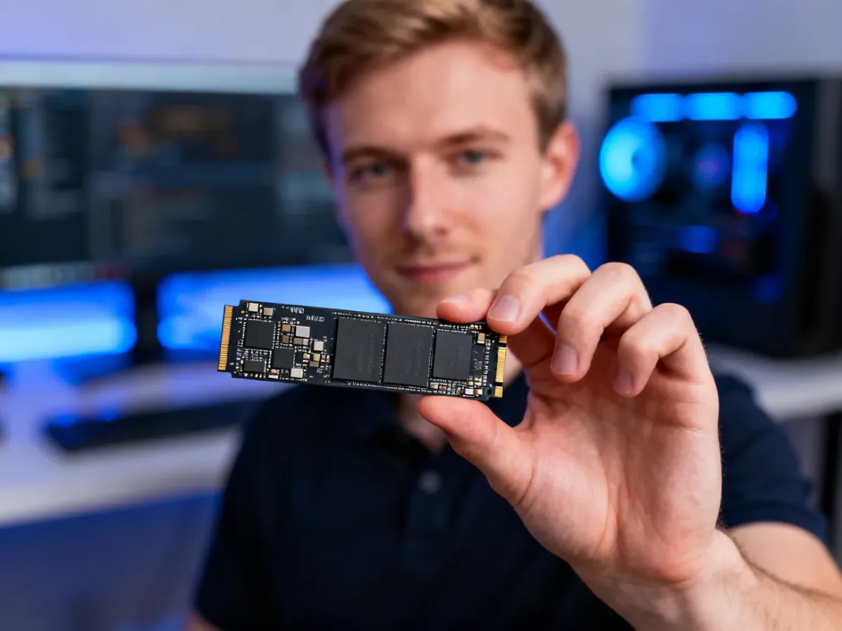 Nowoczesny dysk SSD NVMe trzymany w dłoni na tle profesjonalnego stanowiska komputerowego z niebieskim podświetleniem.