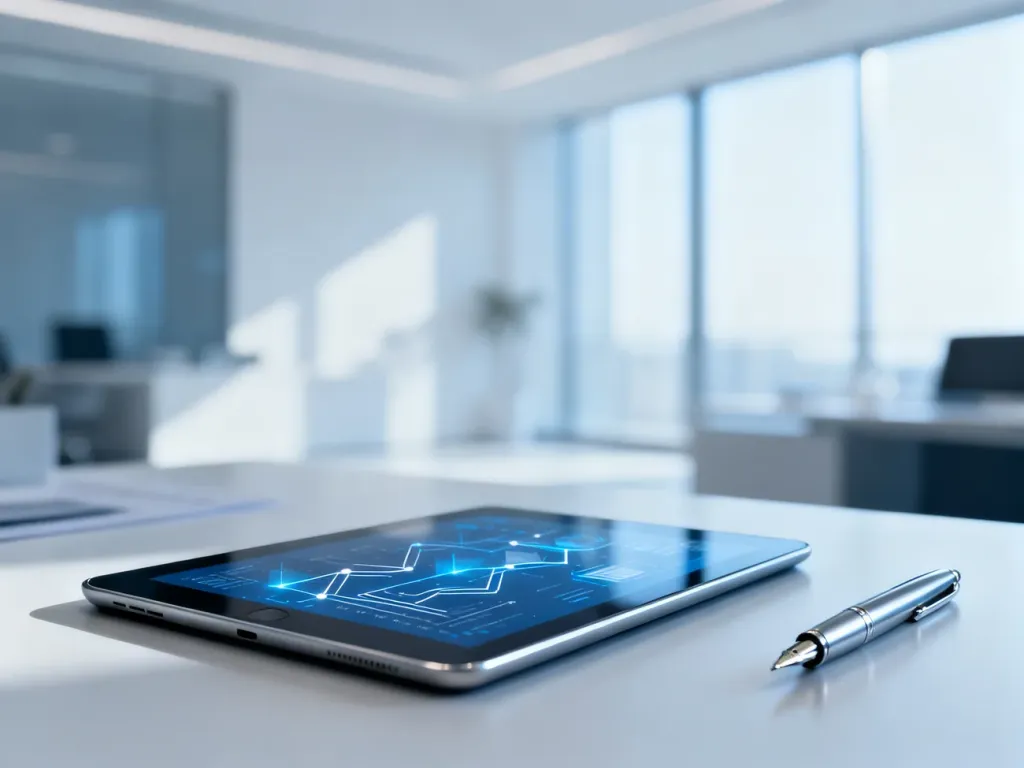 Tablet z cyfrowymi wykresami i piórem na biurku, symbolizujący nowoczesne zarządzanie dokumentacją w systemie EZD.