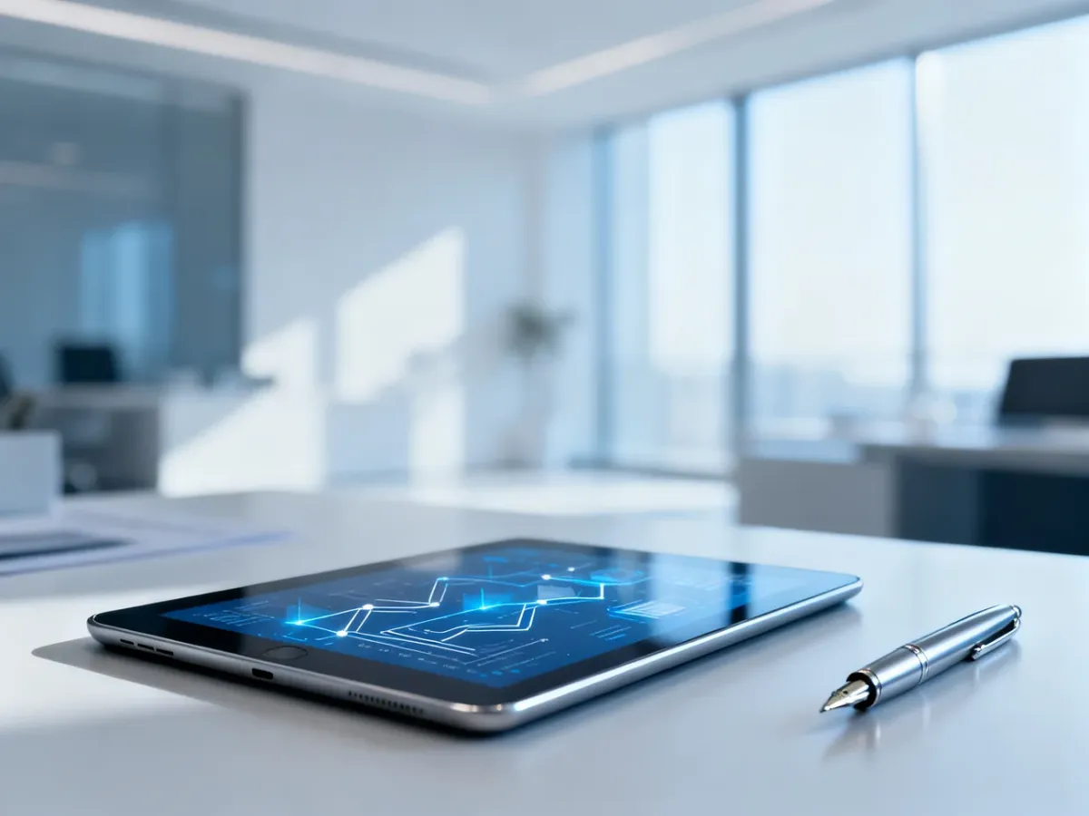 Tablet z cyfrowymi wykresami i piórem na biurku, symbolizujący nowoczesne zarządzanie dokumentacją w systemie EZD.