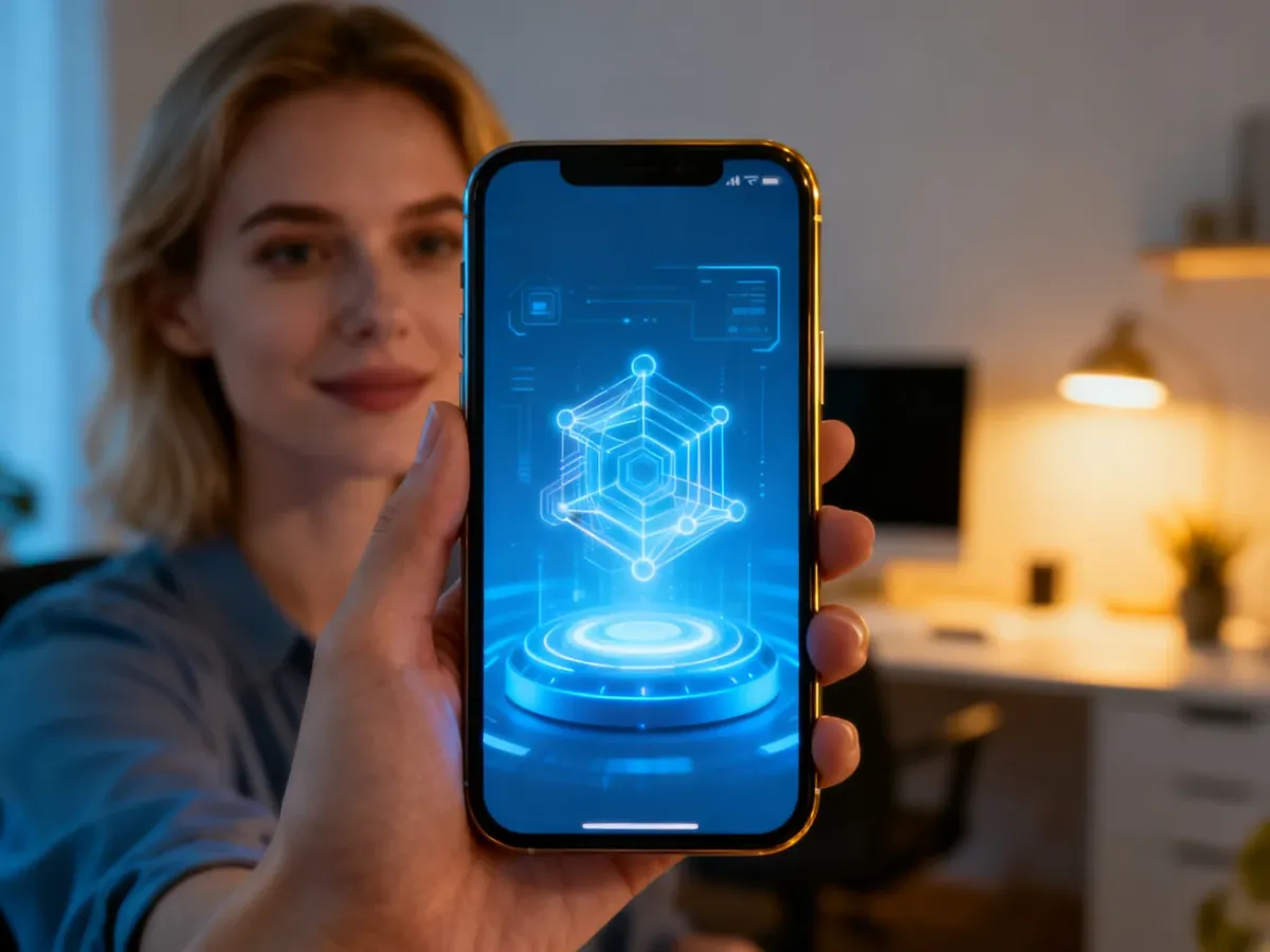 Kobieta trzyma smartfon z aktywnym interfejsem asystenta głosowego Bixby w przytulnym domowym biurze.