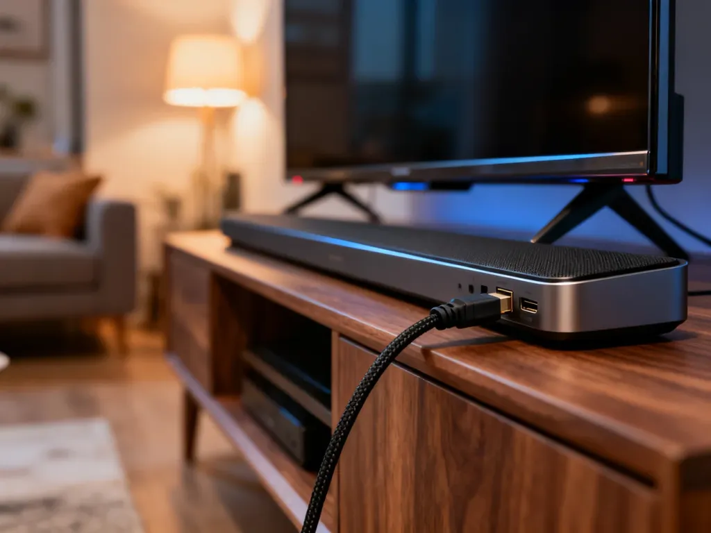 Nowoczesny telewizor z soundbarem połączone kablem HDMI na drewnianej szafce RTV w przytulnym salonie.