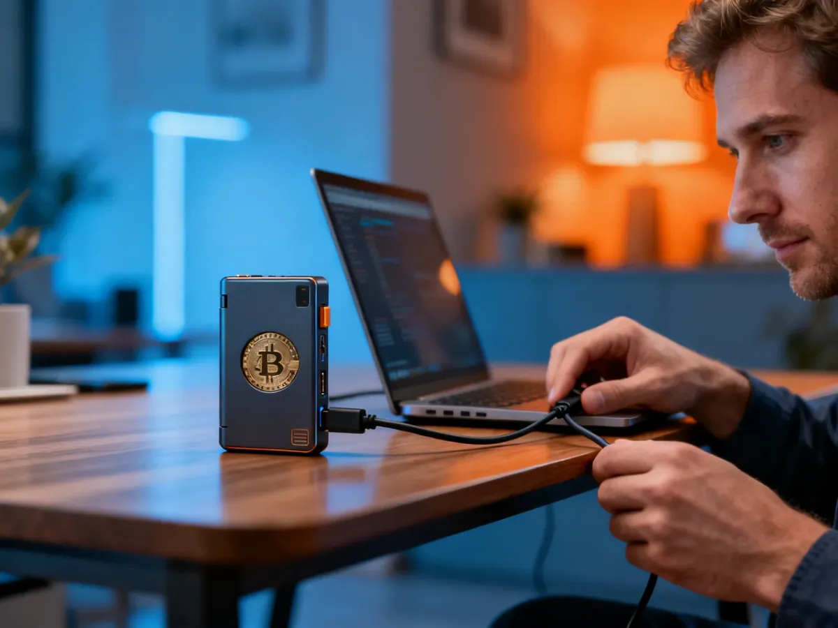 Mężczyzna podłącza portfel sprzętowy do laptopa na biurku, ilustrując proces obsługi kryptowalut w aplikacji Ledger Live.
