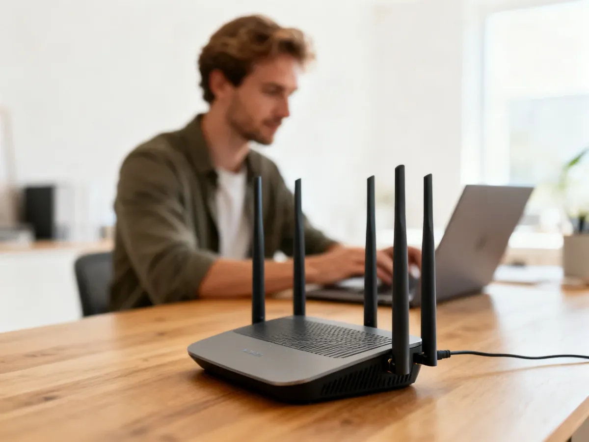 Nowoczesny router Wi-Fi na biurku w domowym biurze, zapewniający stabilne połączenie z internetem podczas pracy.