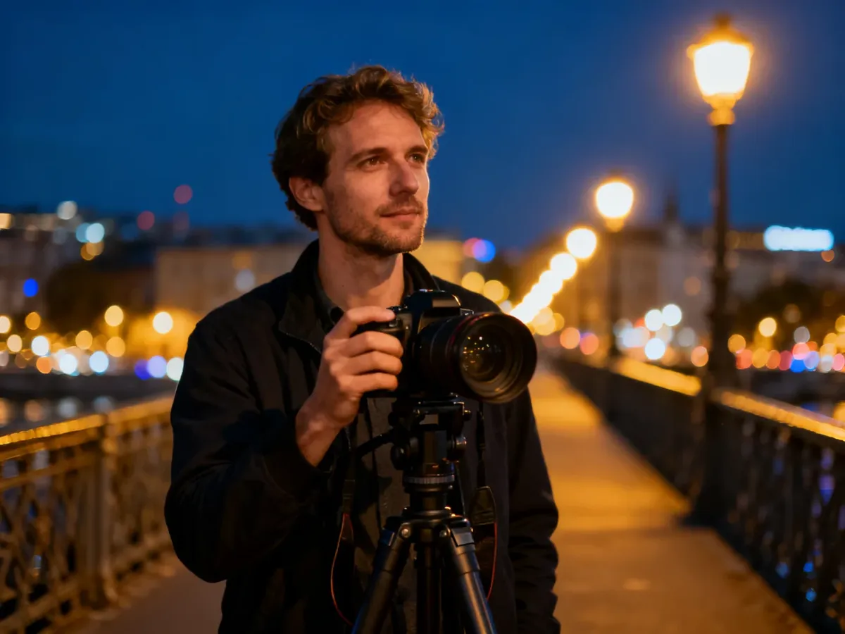 Fotograf ustawiający aparat na statywie na tle nocnego miasta z rozmytymi światłami w efekcie bokeh.