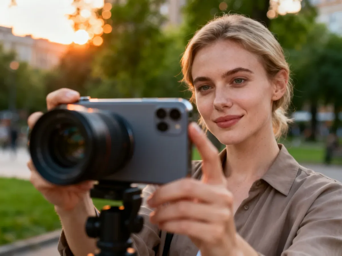 Profesjonalny fotograf robi zdjęcie kobiecie w parku, prezentując efekt rozmytego tła w trybie portretowym smartfona.