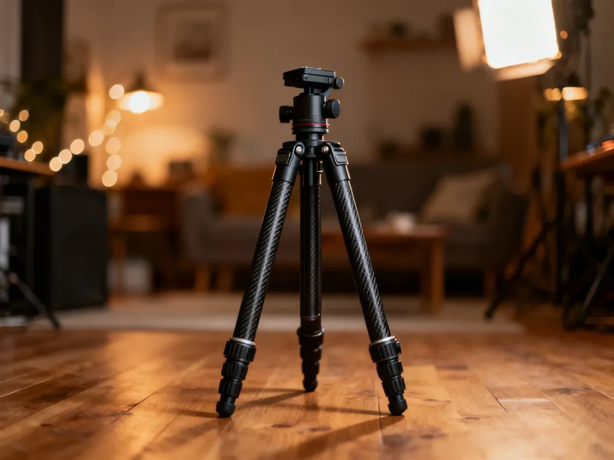 Profesjonalny statyw z włókna węglowego stojący w domowym studio, gotowy do pracy z aparatem.