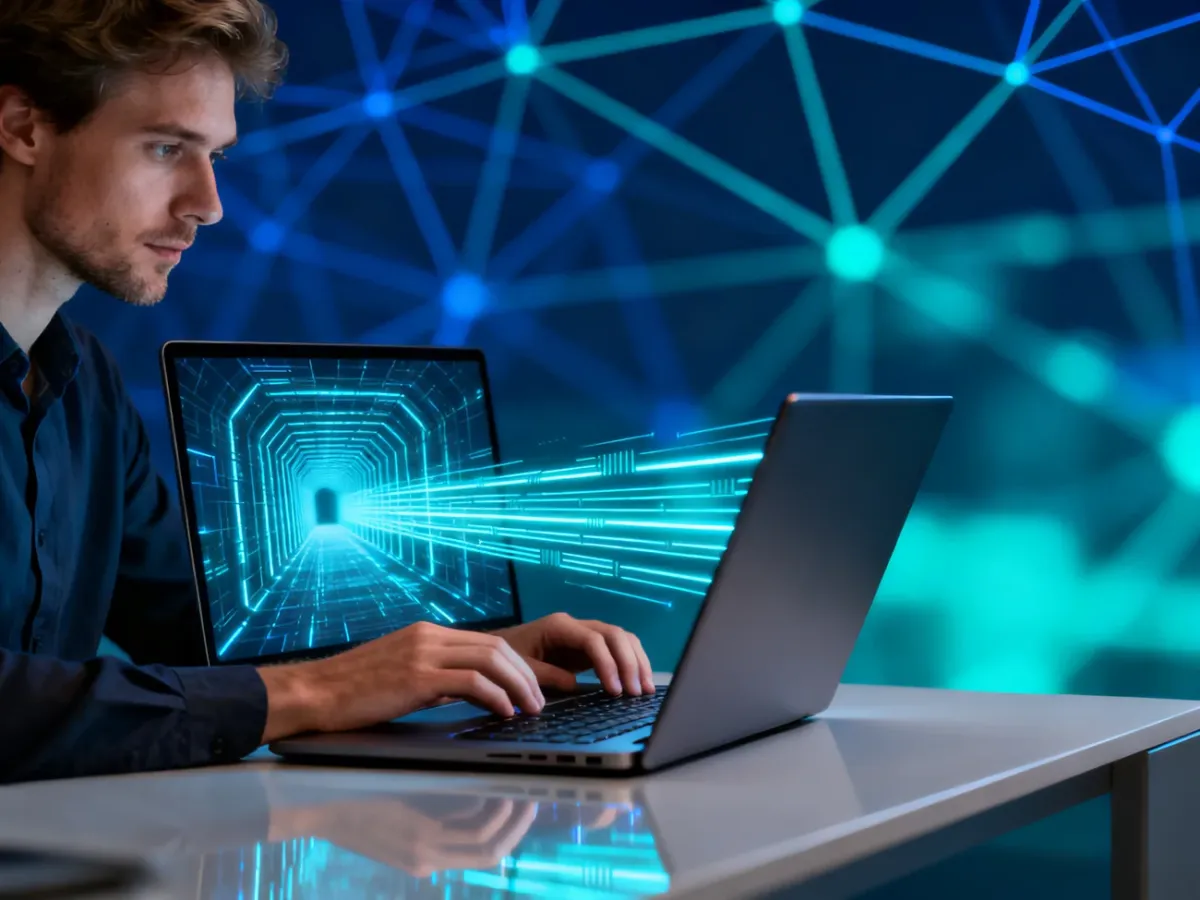 Mężczyzna pracujący na laptopie z wizualizacją bezpiecznego, szyfrowanego tunelu VPN na ekranie.