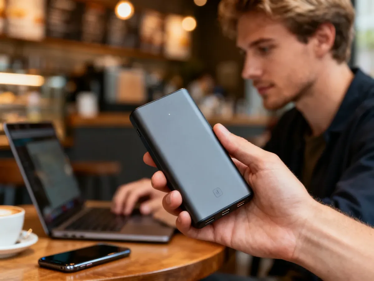 Elegancki powerbank trzymany w dłoni na tle laptopa i smartfona w kawiarni.