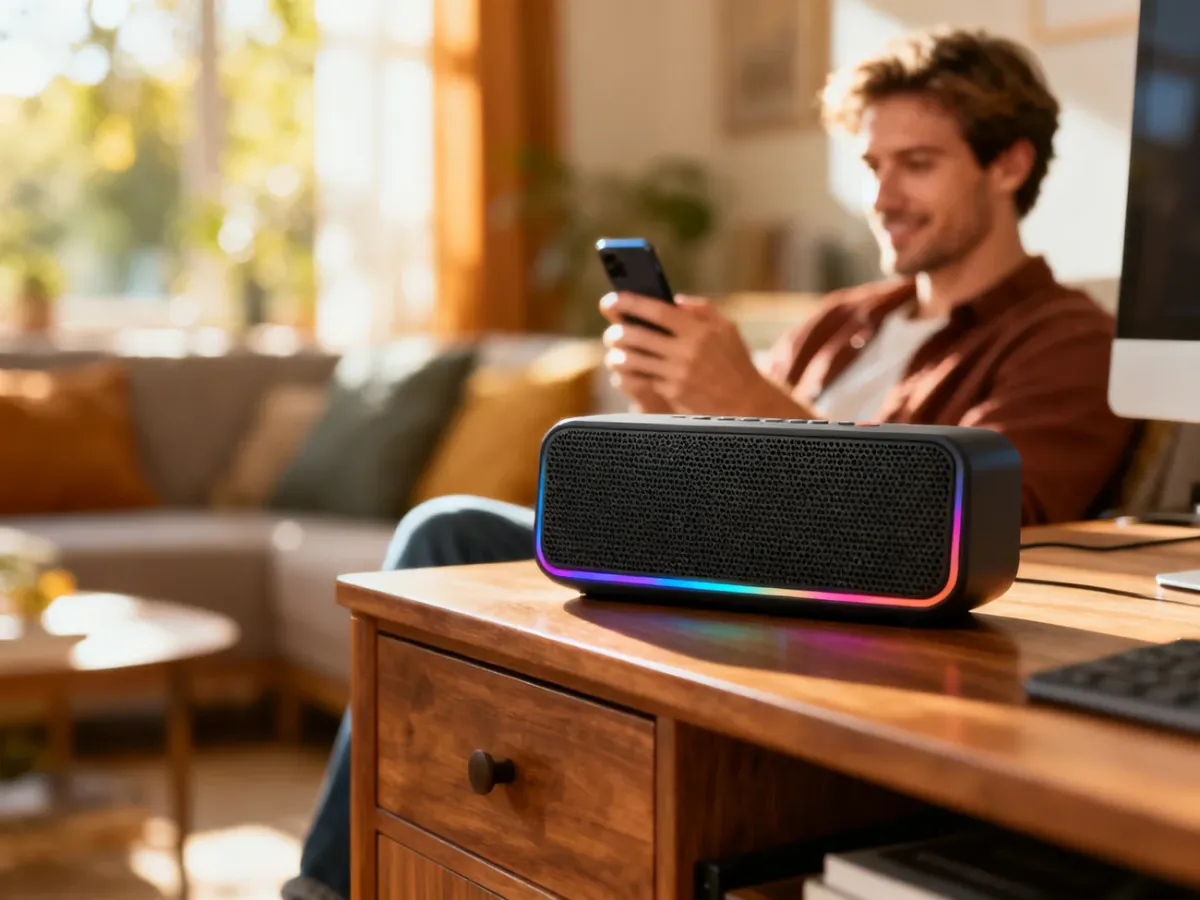 Nowoczesny głośnik Bluetooth na drewnianym biurku w przytulnym salonie, obsługiwany za pomocą smartfona.