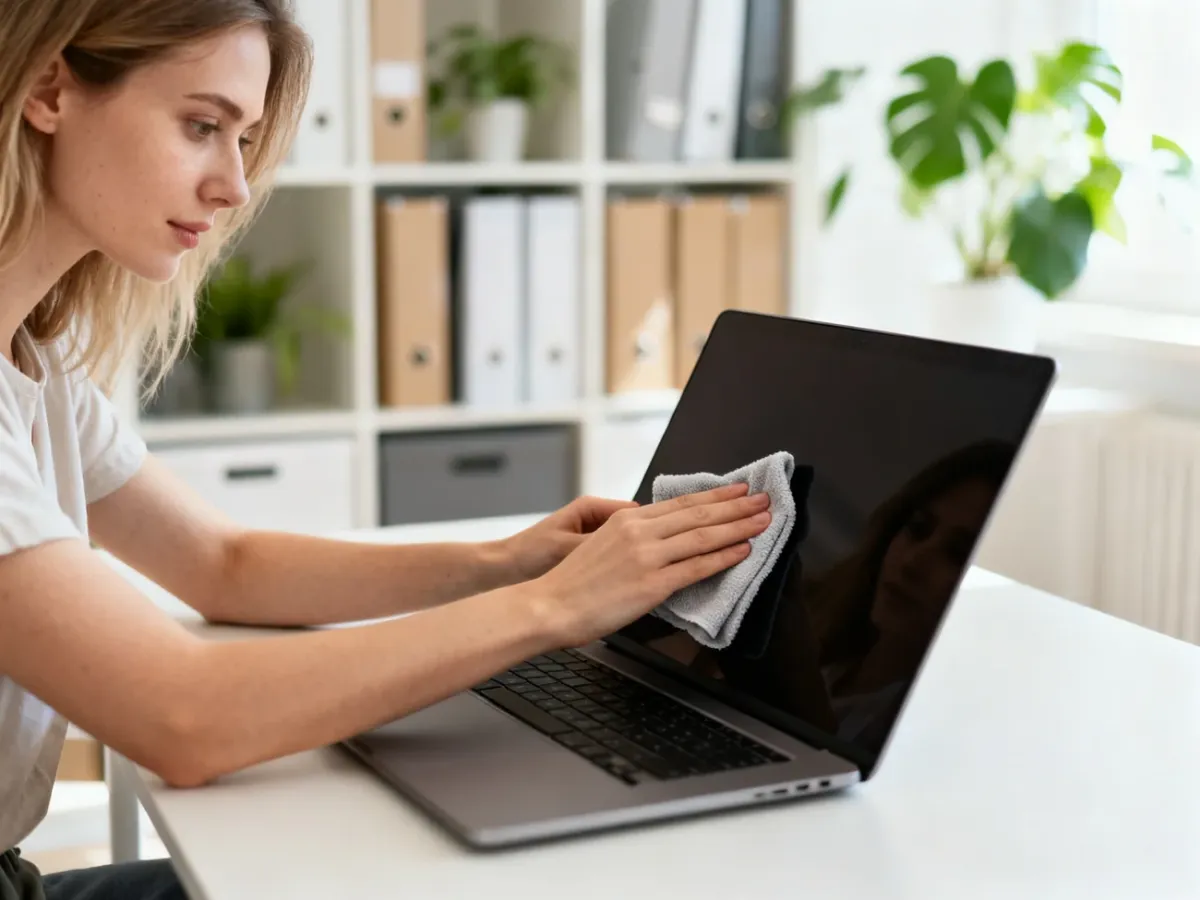 Kobieta czyści ekran laptopa miękką ściereczką w uporządkowanym, minimalistycznym biurze domowym.