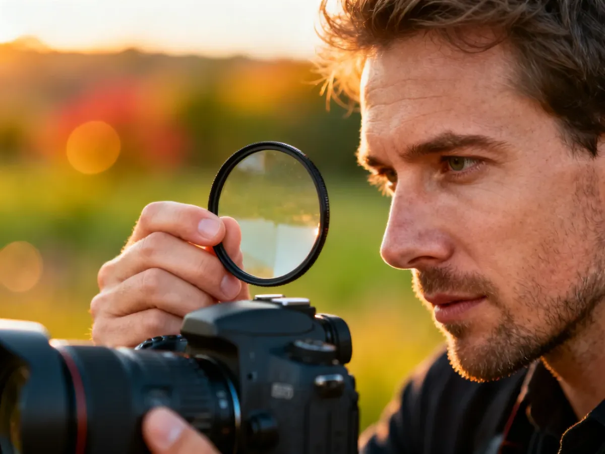 Profesjonalny fotograf trzymający okrągły filtr szklany przed obiektywem aparatu w plenerze o zachodzie słońca.