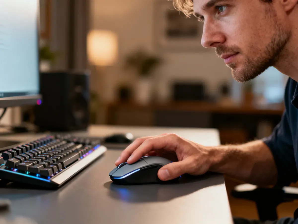 Mężczyzna pracujący przy biurku, używający nowoczesnej myszki ergonomicznej w domowym biurze.
