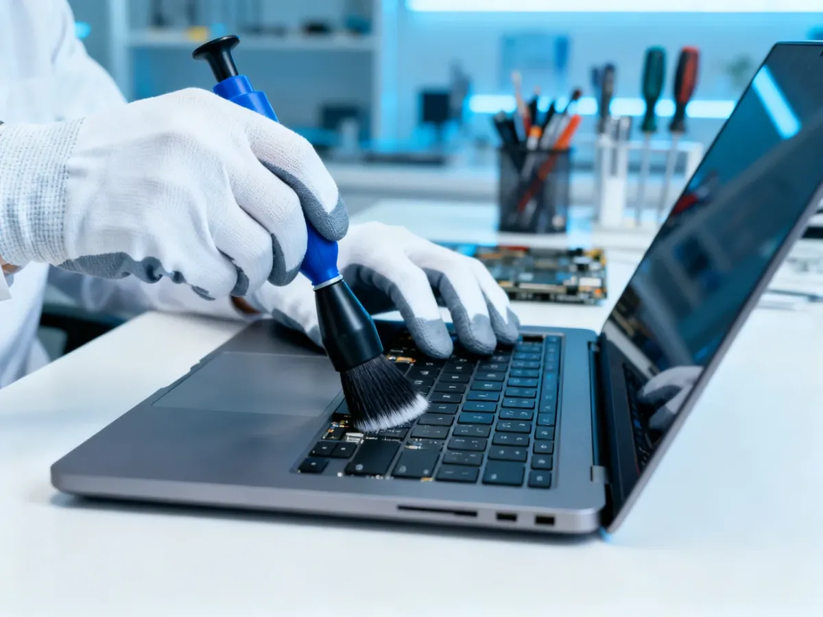 Dłonie w rękawicach antystatycznych czyszczą wnętrze otwartego laptopa za pomocą pędzla i sprężonego powietrza.