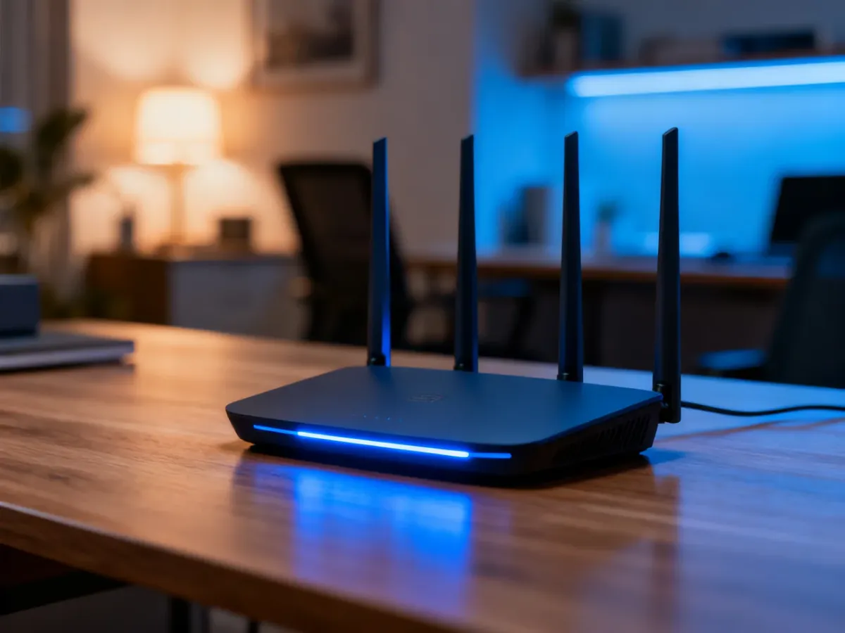 Nowoczesny router Wi-Fi na drewnianym biurku w domowym biurze, gotowy do konfiguracji sieci.
