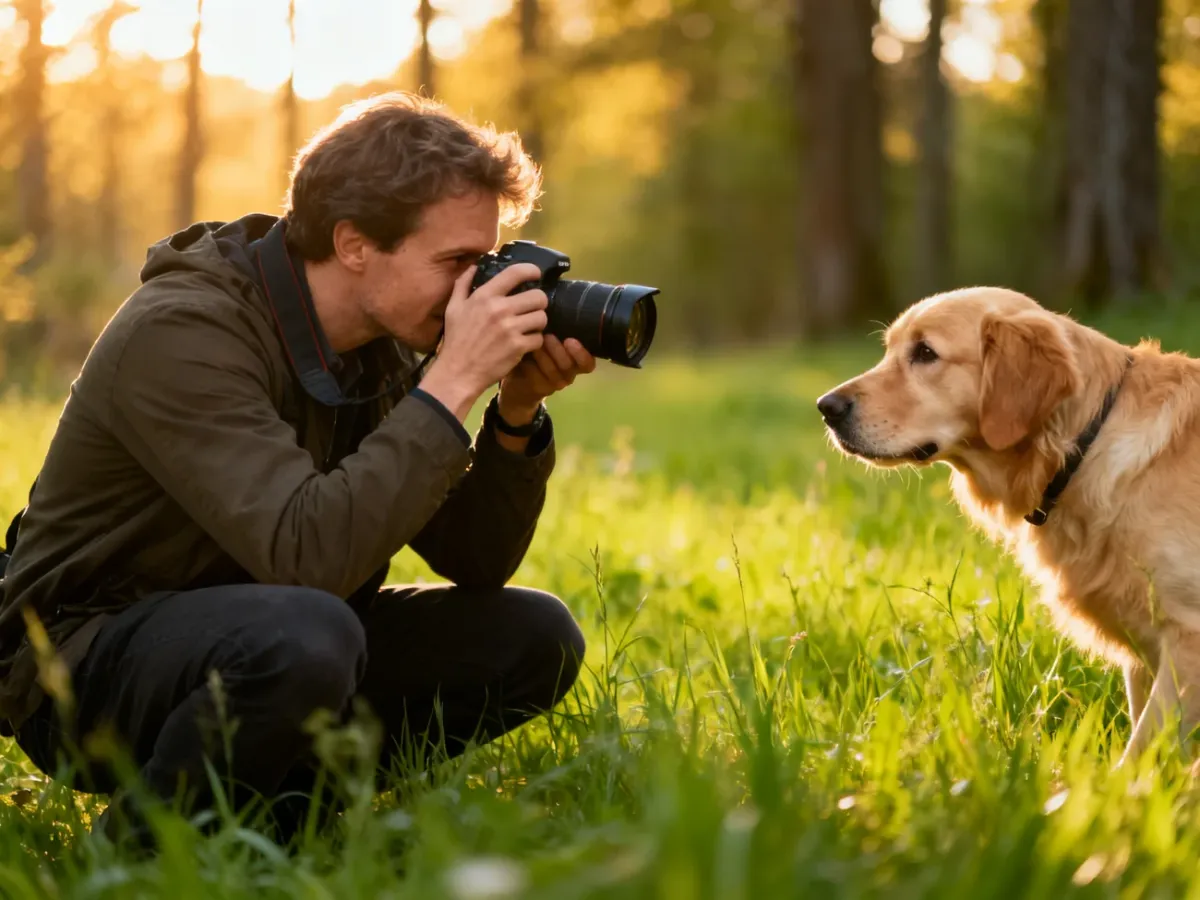 Profesjonalny fotograf robi zdjęcie golden retrieverowi na zielonej łące w świetle zachodzącego słońca.