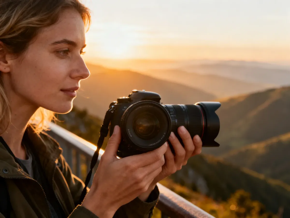 Kobieta z profesjonalnym aparatem fotograficznym na tle malowniczego górskiego krajobrazu podczas zachodu słońca.