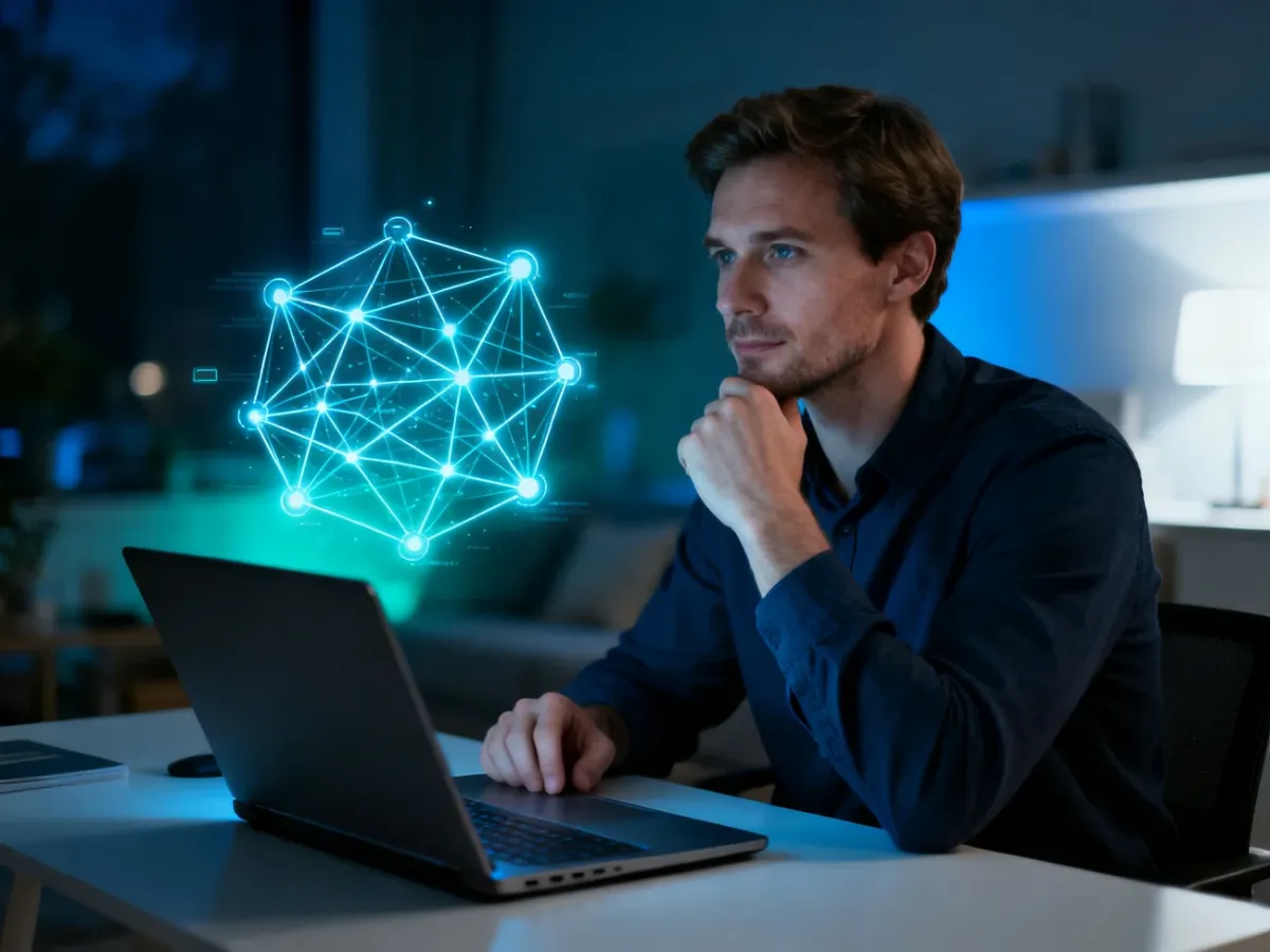 Mężczyzna przy laptopie analizuje świecący hologram sieci, ilustrujący działanie systemu DNS w nowoczesnym biurze.