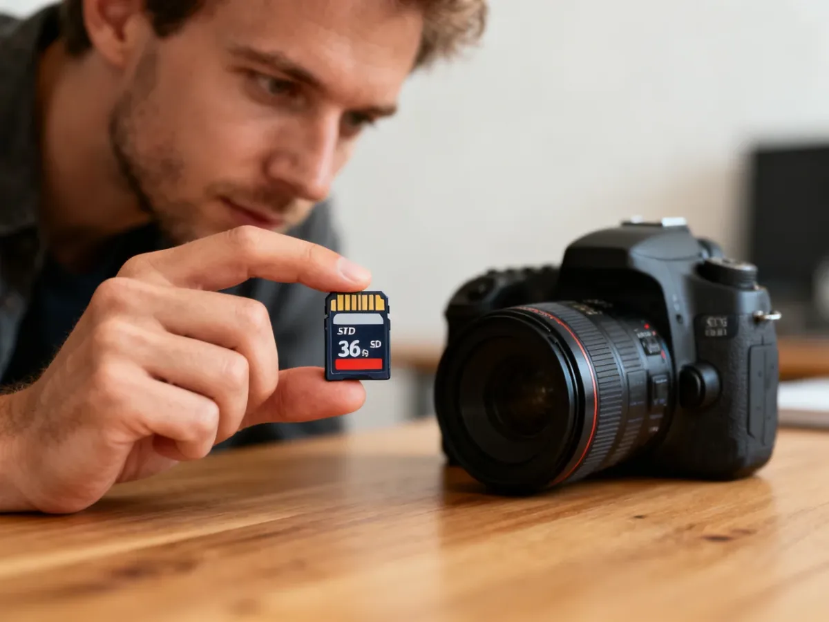 Profesjonalny fotograf trzymający w dłoni szybką kartę pamięci SD z aparatem DSLR w tle.