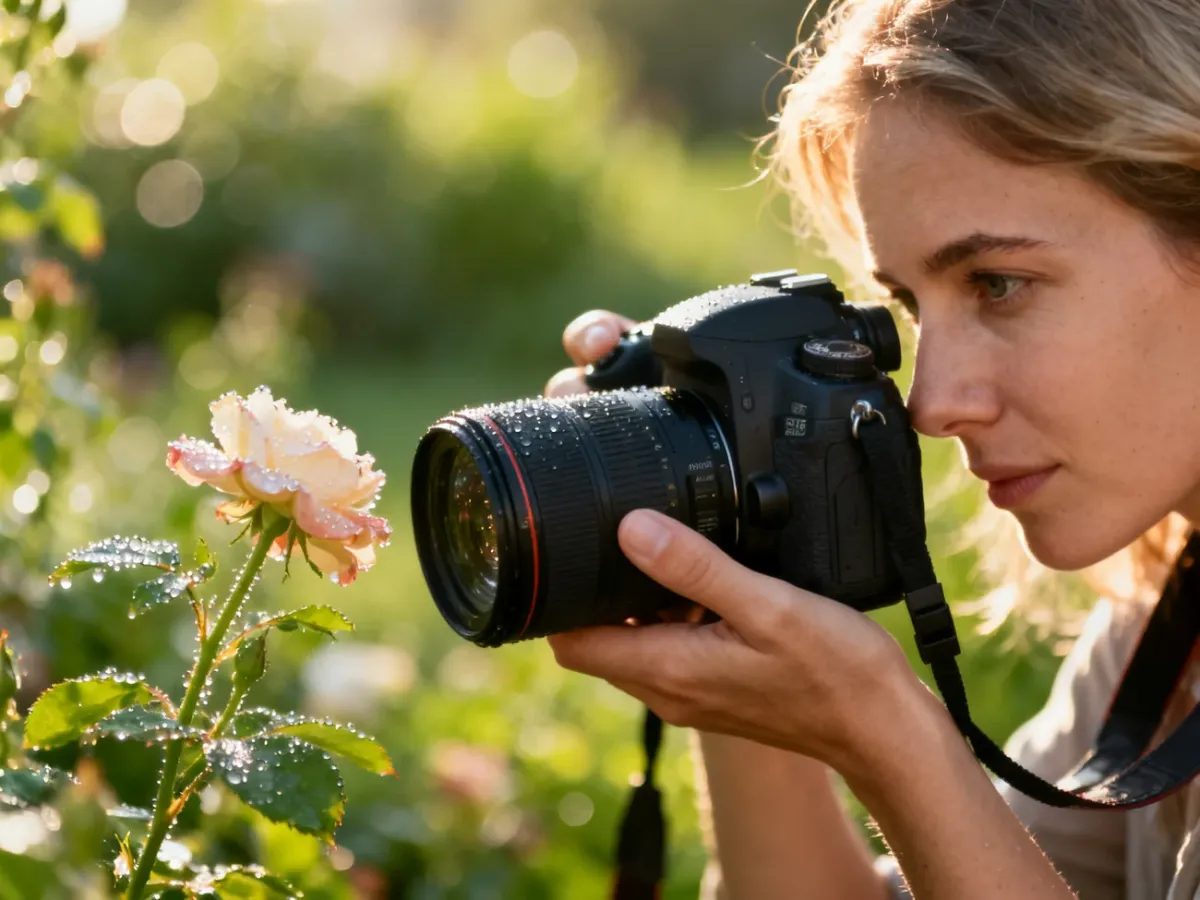 Fotografka używająca obiektywu makro do uchwycenia detali kwiatu pokrytego rosą w porannym świetle.