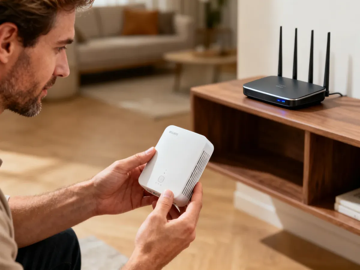 Mężczyzna trzyma w dłoniach nowoczesny wzmacniacz sygnału Wi-Fi w domowym wnętrzu.