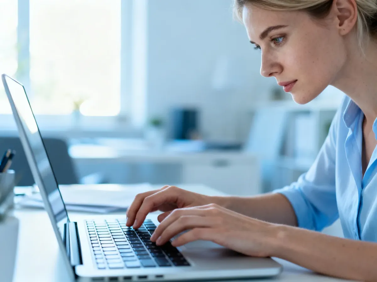 Kobieta pracująca przy laptopie w jasnym, nowoczesnym biurze domowym, przygotowująca profesjonalną prezentację.