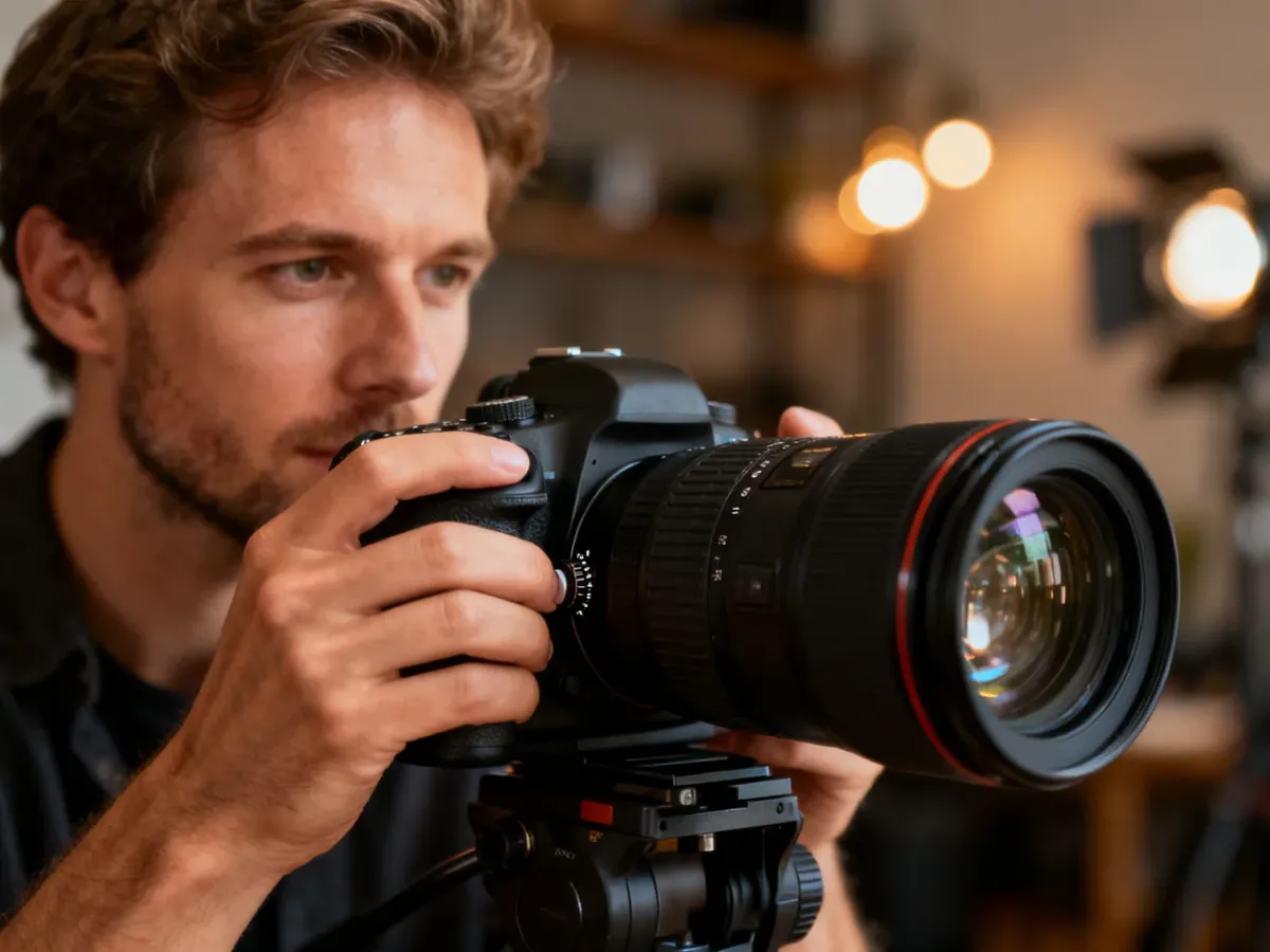 Mężczyzna ustawia ostrość na profesjonalnym obiektywie aparatu DSLR w przytulnym studiu fotograficznym.