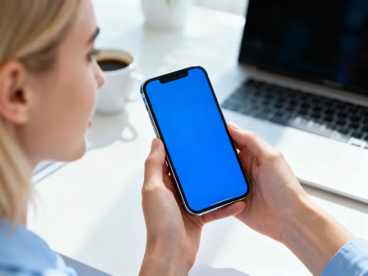 Kobieta trzyma nowoczesny smartfon w jasnym, minimalistycznym biurze, co ilustruje wybór urządzenia do pracy.