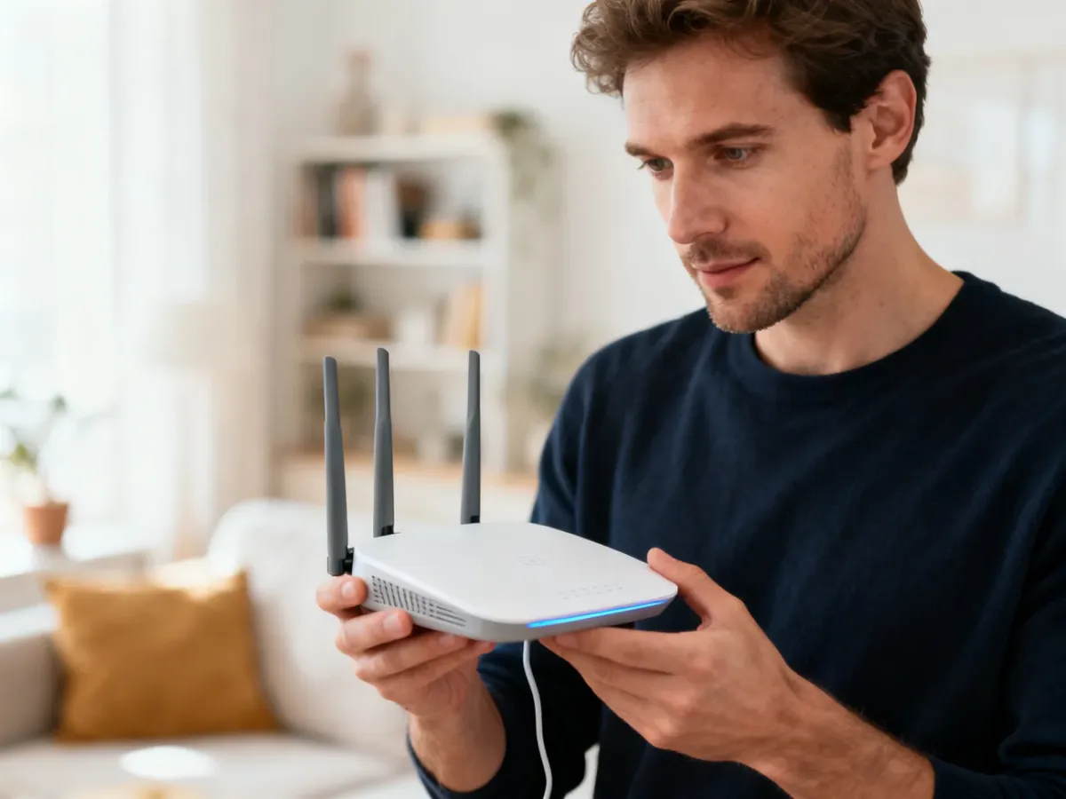 Mężczyzna trzymający nowoczesny router Wi-Fi w przytulnym salonie, co ilustruje sposób na poprawę zasięgu sieci w domu.