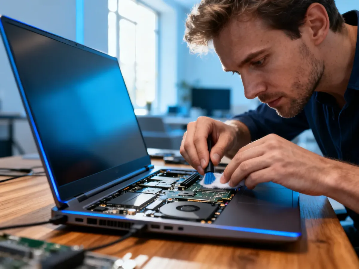 Mężczyzna czyści i modernizuje podzespoły laptopa na drewnianym biurku, przygotowując urządzenie do szybszej pracy.