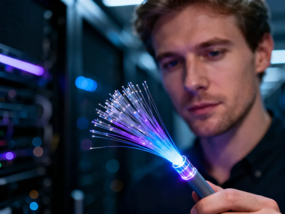 Dłoń trzymająca świecący kabel światłowodowy na tle serwerowni, ilustrująca technologię przesyłu danych.