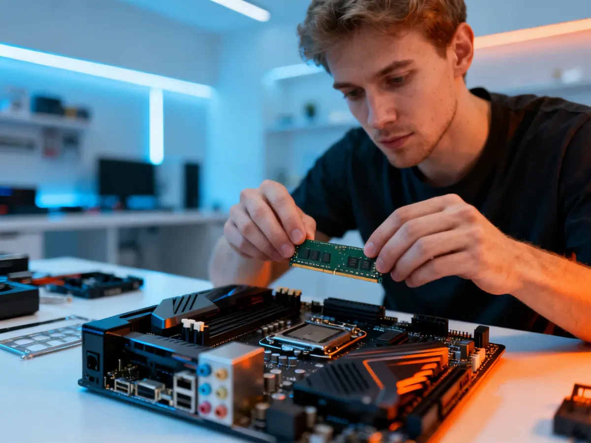 Mężczyzna instaluje moduł pamięci RAM na płycie głównej, przygotowując komputer do modernizacji sprzętu.