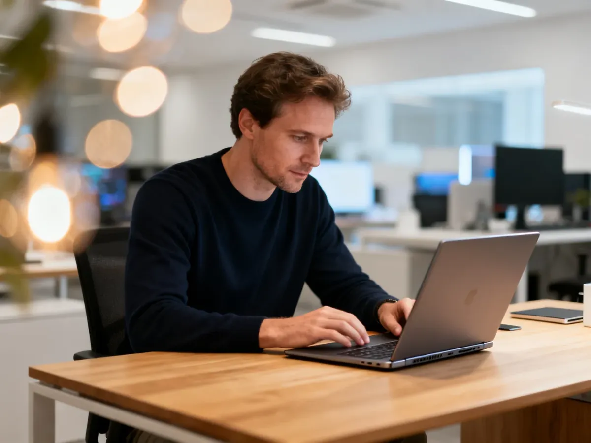 Profesjonalista w nowoczesnym biurze wybiera nowy laptop, skupiony na zakupie odpowiedniego sprzętu.