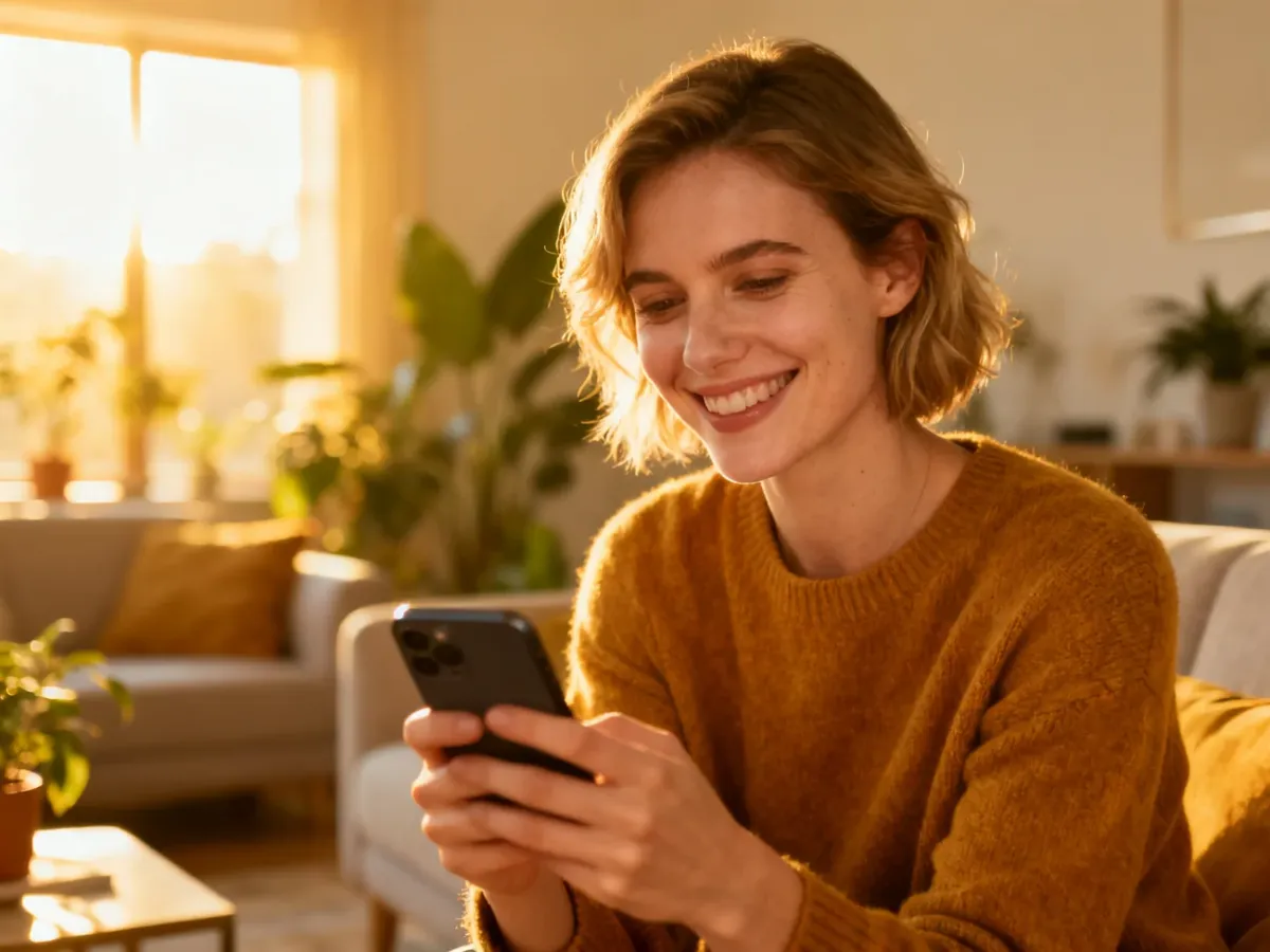 Uśmiechnięta kobieta trzymająca smartfon w przytulnym salonie, ilustrująca łatwość korzystania z komunikatorów.