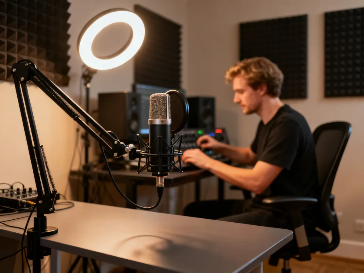 Profesjonalne domowe studio nagrań z mikrofonem, oświetleniem i panelami akustycznymi, zapewniające przytulny klimat pracy.