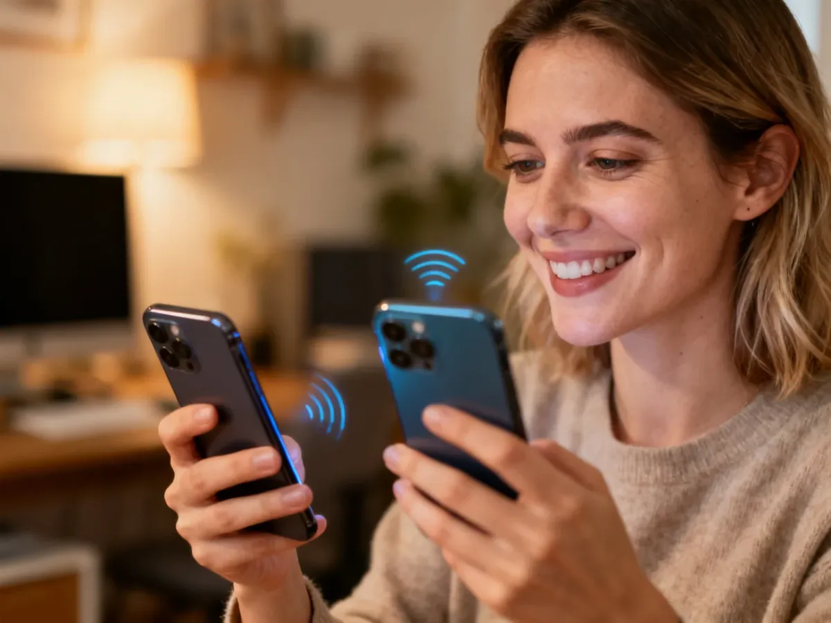 Uśmiechnięta kobieta przesyła bezprzewodowo dane między dwoma nowoczesnymi smartfonami w przytulnym domowym biurze.