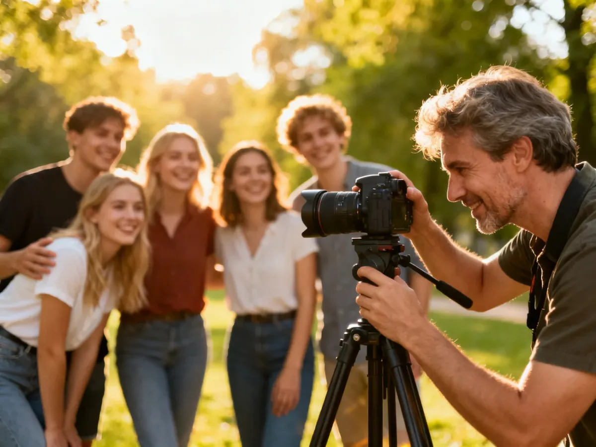 Profesjonalny fotograf ustawia aparat na statywie przed uśmiechniętą grupą ludzi pozującą w słonecznym parku.