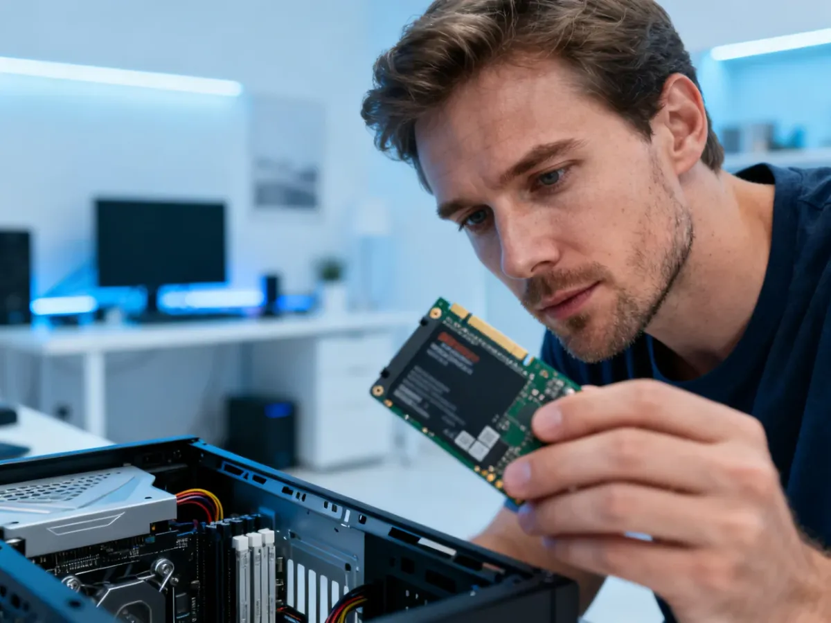 Mężczyzna trzymający dysk SSD nad otwartą obudową komputera podczas przygotowań do jego instalacji i formatowania.