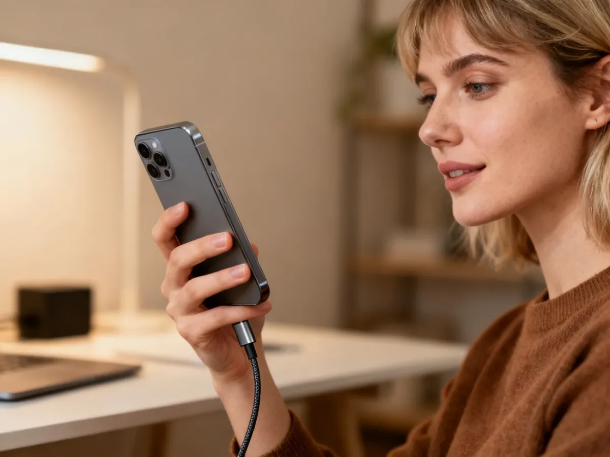 Kobieta trzymająca nowoczesny smartfon podłączony do szybkiej ładowarki przy biurku w przytulnym domowym biurze.