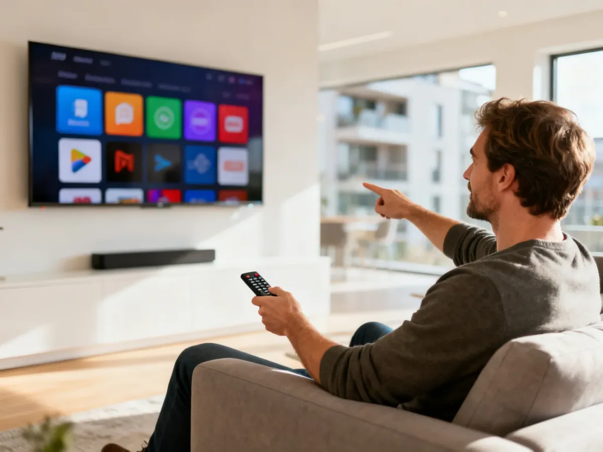 Mężczyzna siedzący na kanapie obsługuje pilotem nowoczesny telewizor z widocznym menu aplikacji.