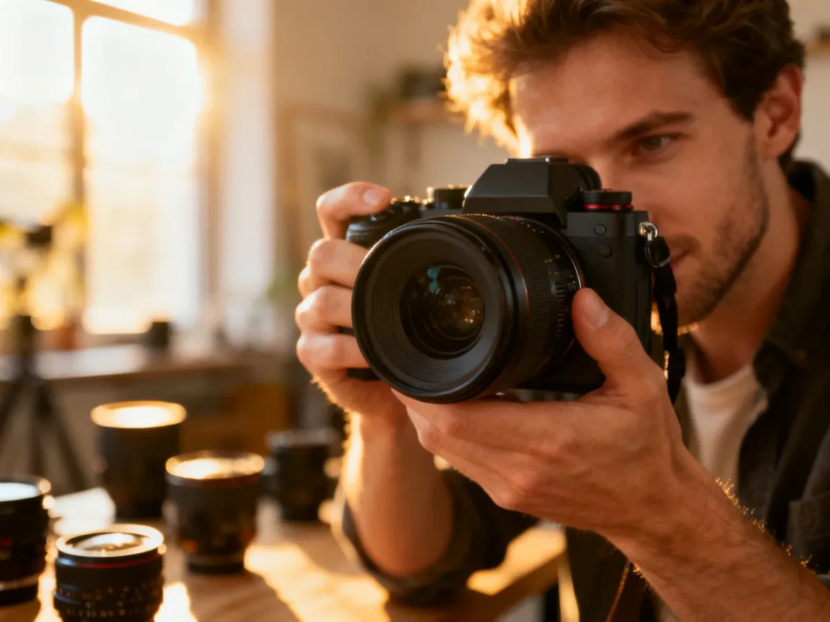 Profesjonalny fotograf trzymający nowoczesny aparat bezlusterkowy w słonecznym studiu fotograficznym.