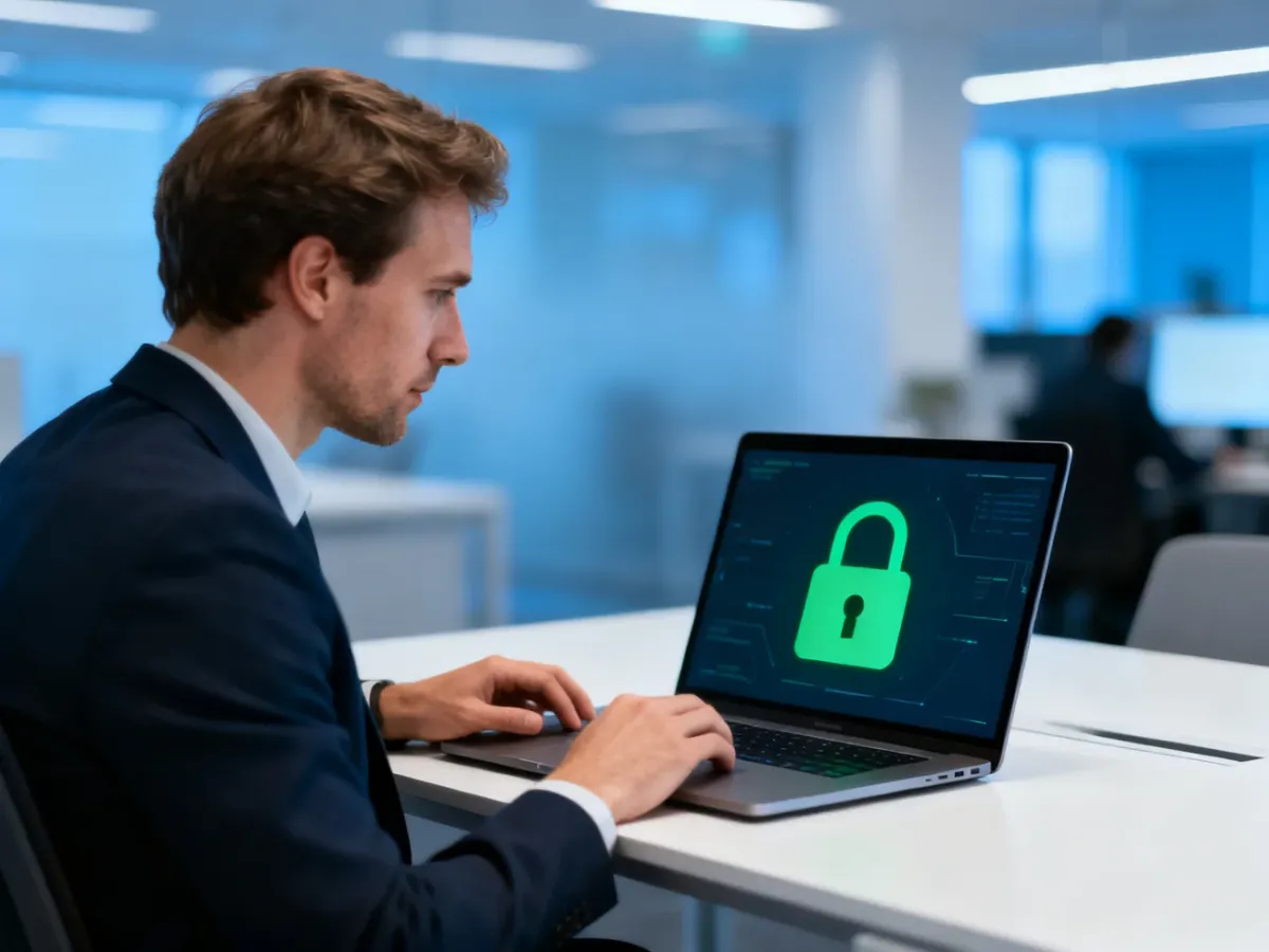 Mężczyzna pracujący przy laptopie z ikoną zielonej kłódki, symbolizującą bezpieczne połączenie internetowe.
